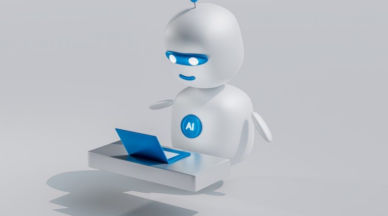 a white robot with blue eyes and a laptop - Photo by Mohamed Nohassi on Unsplash